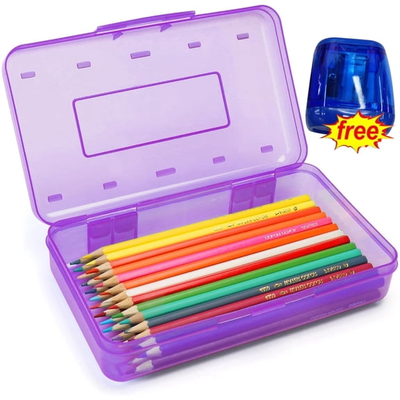 Bxaolu Pencil Box, Large Capacity Clear Pencil Case, 1 Pack Hard Pencil Case, Clear Crayon Box with Snap-tight Lid, Stackable Design, Plastic Storage Box for Home Office Supplies, Purple