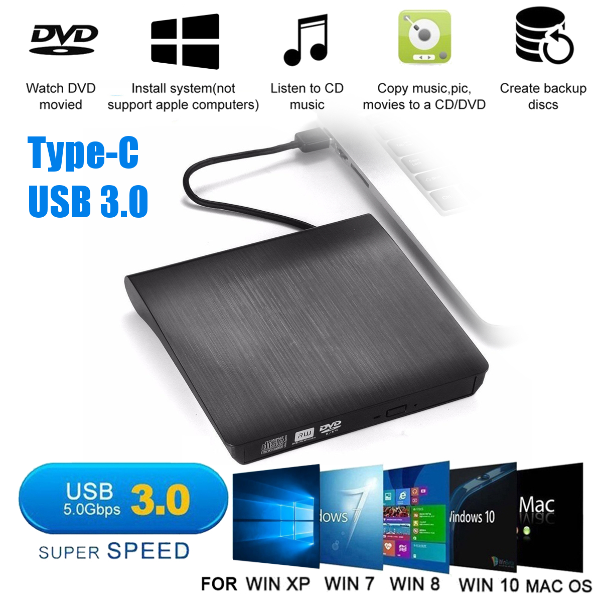 Stoneway External CD Drive, TypeC & USB 3.0 Portable CD/DVD +/RW