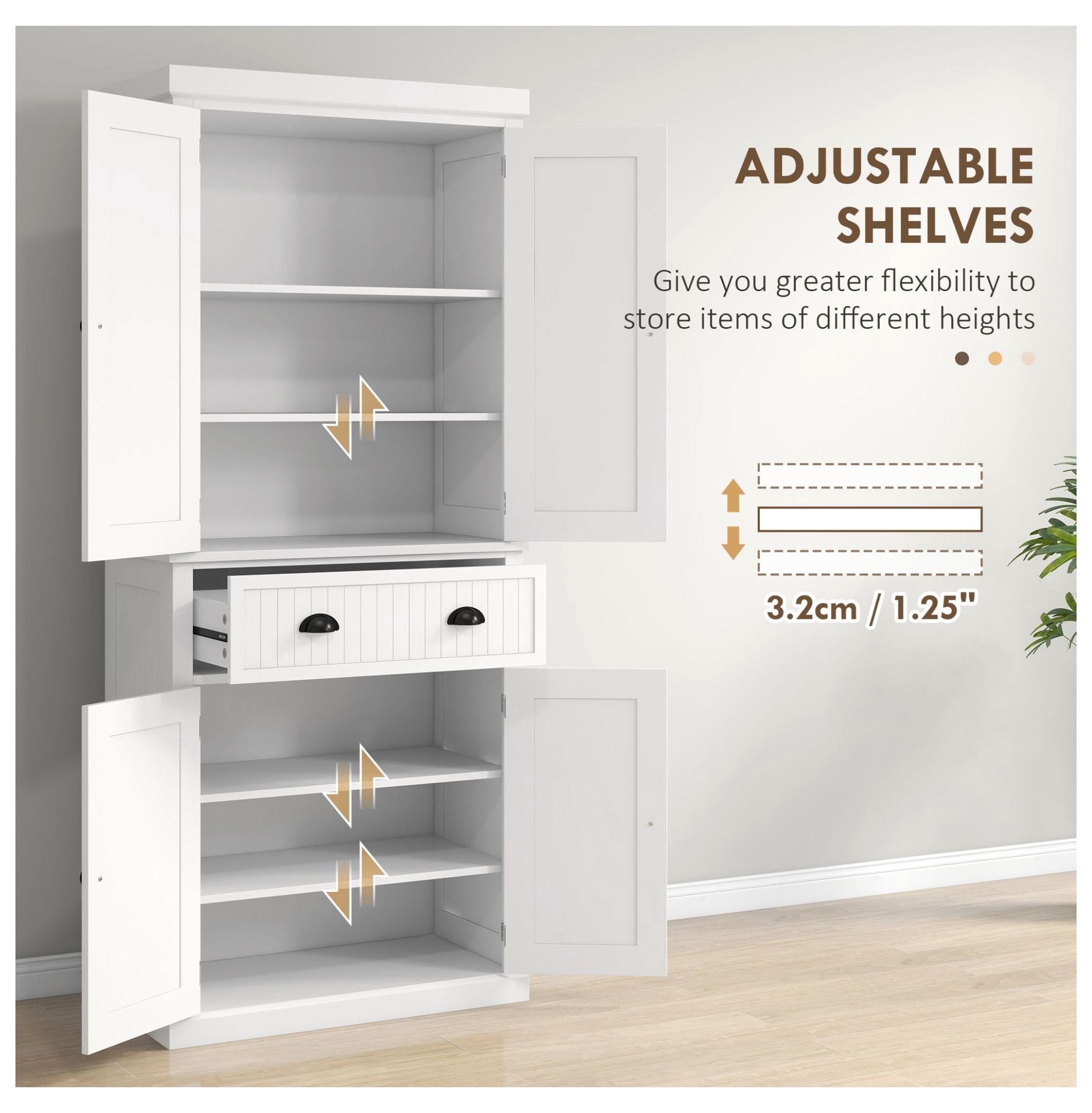 Kitchen Pantry Cabinet, 72" Freestanding Storage Cupboard with Drawer & Adjustable Shelves - White
