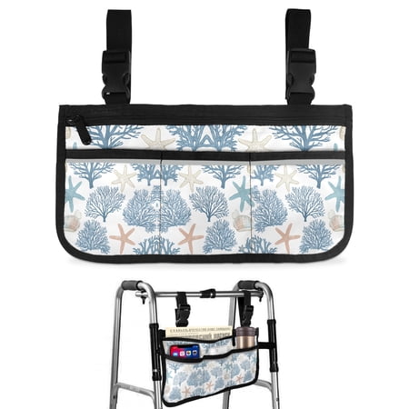 Light Blue Coral Coastal Wheelchair Side Bag Walk Bag Basket, Summer Beach Starfish Shell Wheelchair Accessories Armrest Pouch, Organizer Storage Bags for Walkers, Rollators, Scooters, 7.3"x13"