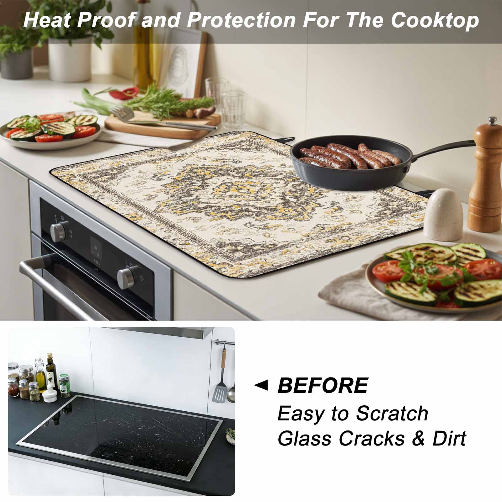 Beige Vintage Boho Stove Top Cover for Electric Stove, Heat-proof & Non Slip Glass Top Stove Cover Protector, Ethnic Tribal Geometric Abstract Kitchen Flat Cooktop Rubber Mat 24x21 Inches