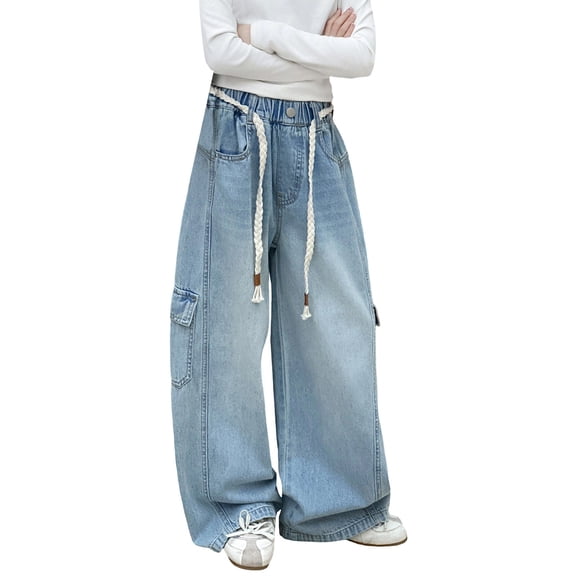 XXWXYD Girls Straight Leg Jeans Girls Cargo Jeans Baggy Barrel Leg Drawst𝗋ing Trousers Y2K Skater Boyfriend Denim Pants Casual Elastic Waist Streetwear Jeans