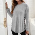 thumbnail image 3 of Blusa de algodón gris de manga larga, corte holgado, cuello redondo, color puro, detalle de botones - Talla S, 3 of 6