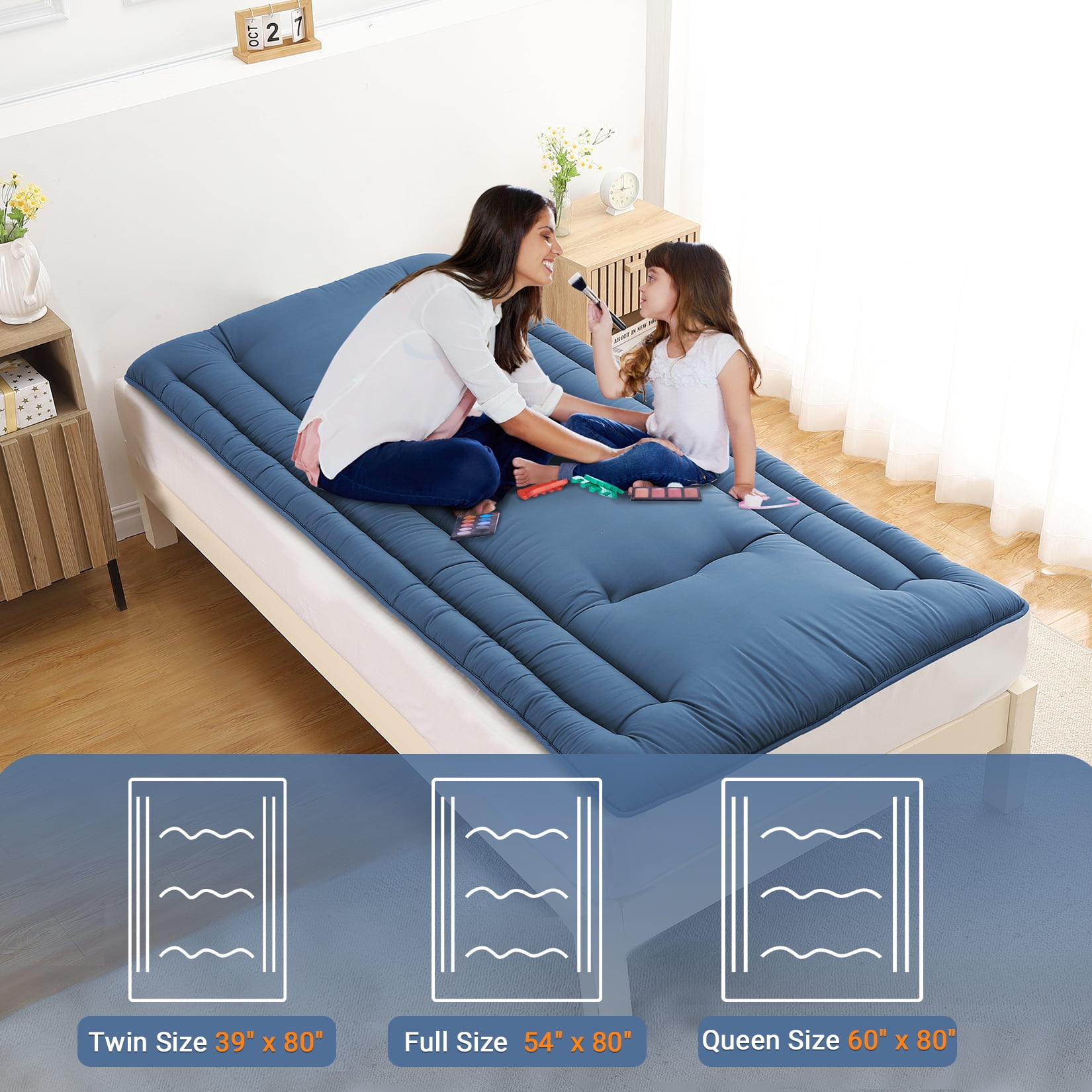 Twin Size Foldable Floor Mattress, Japanese-Style Roll-Up Foam Sleeping Mat, Space-Saving Tatami Floor Bed for Living Room or Bedroom, Navy Blue