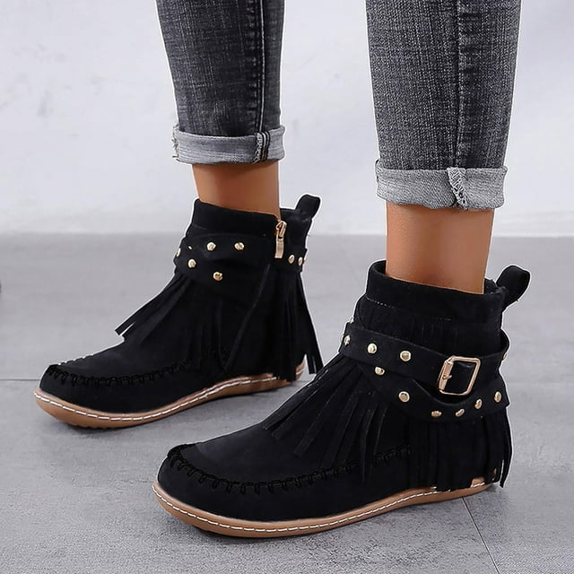 Babysbule Bottes pour Femmes Hiver Bottes Rondes à Fermeture Éclair Latérale Couleur Unie Talon Plat à Franges Bas Tube à Franges