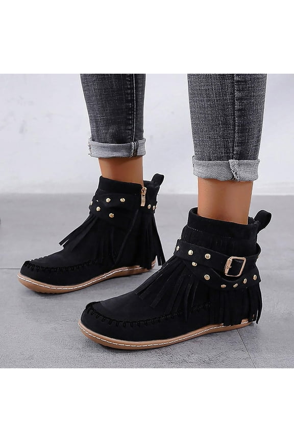 Kiplyki Weekly Women's Round Side Zipper Solid Color Flat Heel Tassel Low Tube Tassel Boot