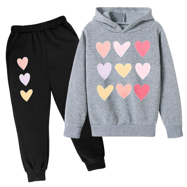Hfolob Girls Outfit Valentine'S Day Heart Shaped Printed Hoodie Set
