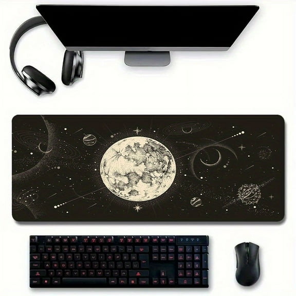 Moon Large Gaming Mouse Pad Computer HD Keyboard Pad Mouse Mat Black Desk Mats Natural Rubber Anti-Slip Office Mouse Pad Desk Accessories As Gift for Boys Girls Man Woman