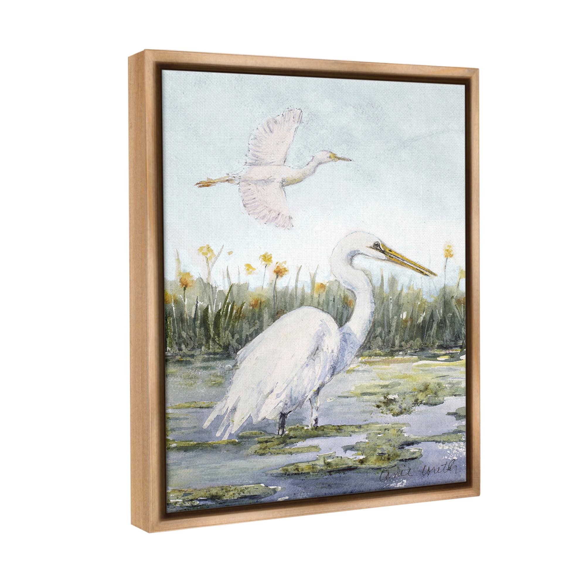 Stupell Industries Egrets in Wetland Landscape Animals & Insects Painting Brown Floater Framed Canvas Art Print Wall Art, 17 x 21