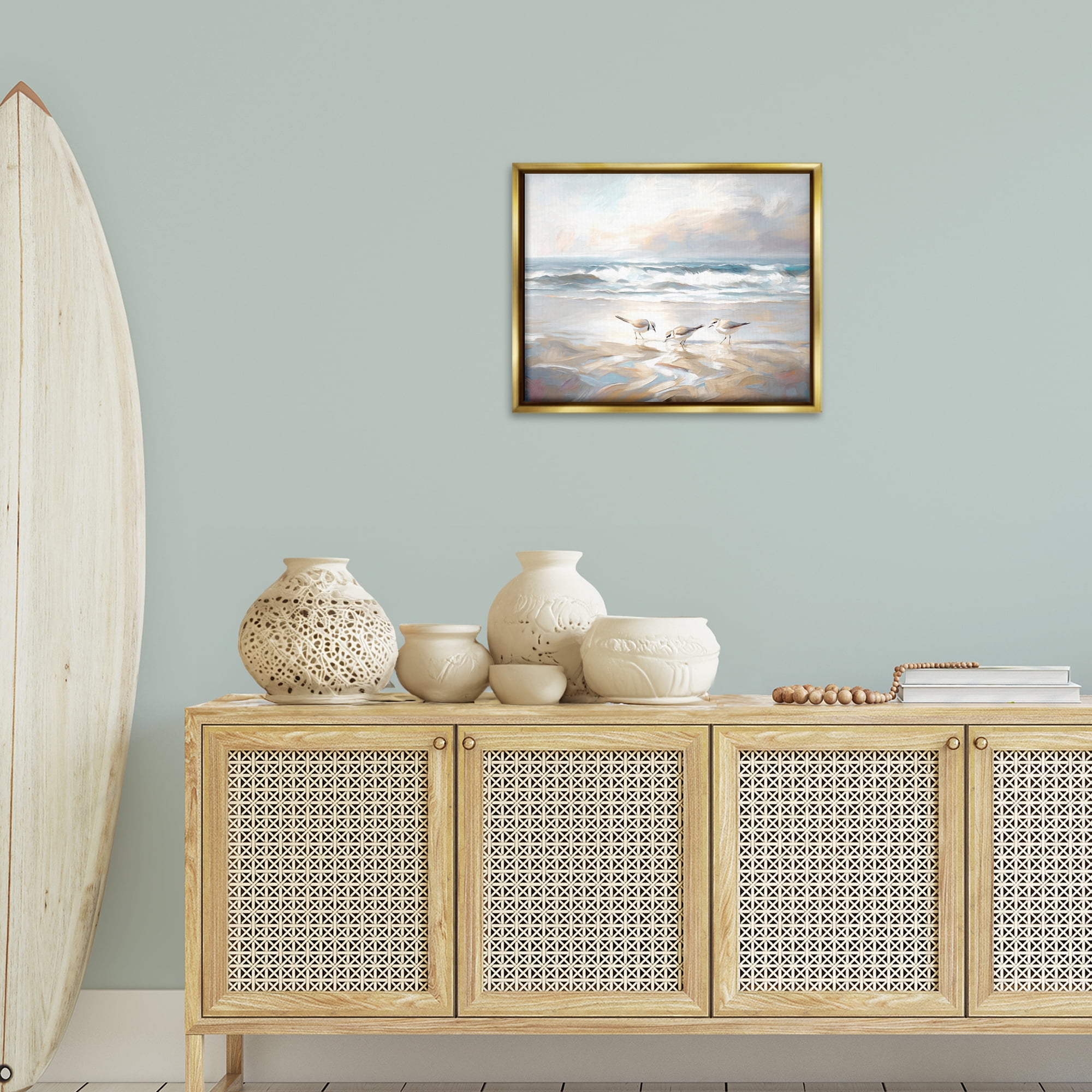 Stupell Industries Blue Haven Bay Coastal Painting Gold Floater Framed Canvas Art Print Wall Art, 21 x 17