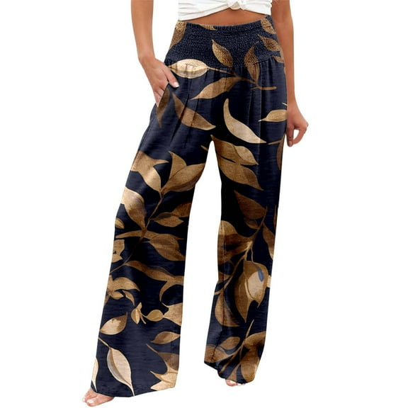 Fiaer,Womens Oversized Elastic Waist Palazzo Pants,Women's Loose Fit Printed Lounge Trousers,Ladies Casual Trendy Comfy Breathable Going out Daily Slacks with Pockets Gold XXL