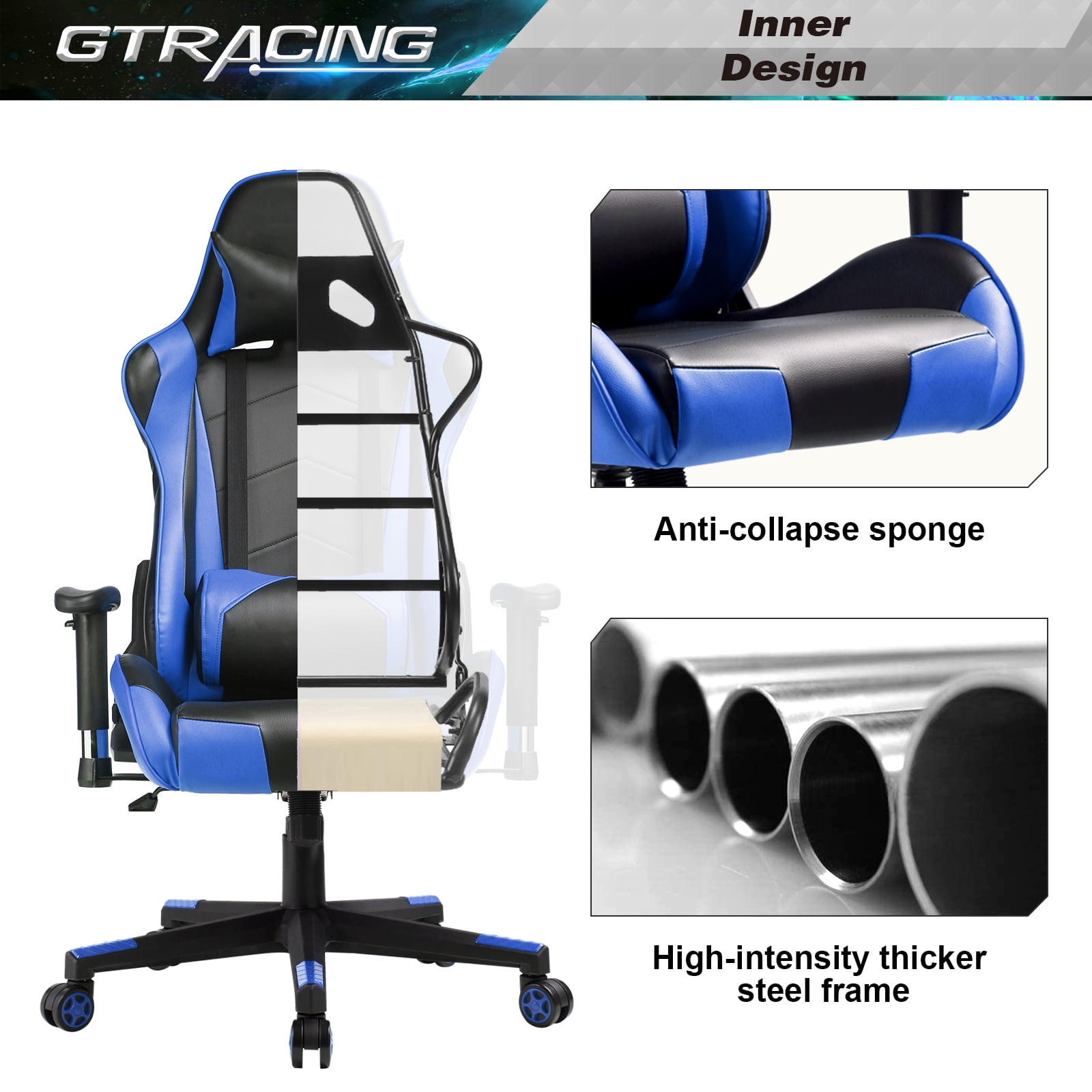 GTRACING Gaming Chair with Footrest and Ergonomic Lumbar Massage Pillow PU  Leather Office Chair, Blue – The Market Depot