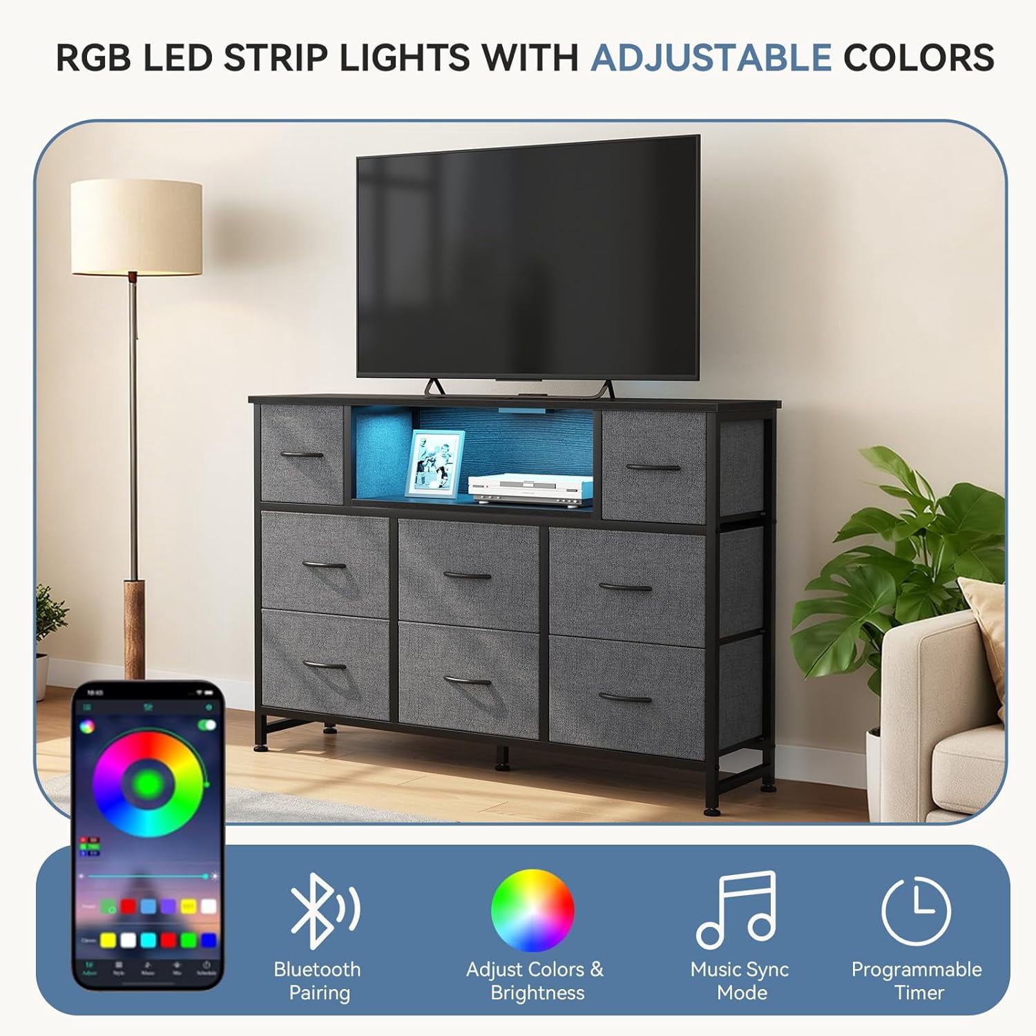 LED TV Stand for 50/55 inch TV, Dresser with 8 Fabric Drawers, Entertainment Center with Open Storage Shelves & Power Outlet, Tall Storage Chest for Bedroom, Living Room, Gray