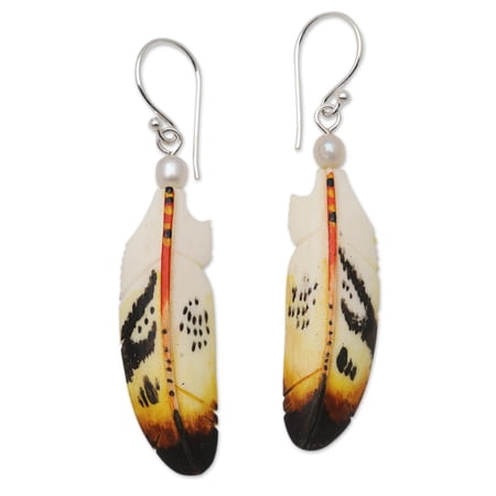 NOVICA Bone and cultured pearl dangle earrings, 'Stunning Feathers'