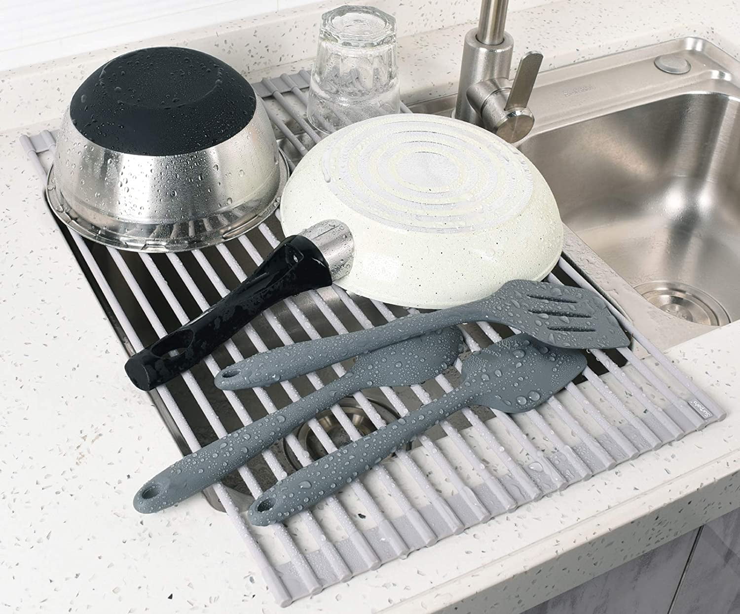 Roll-Up Over-The-Sink Dish Drying Rack - Stainless Steel & Silicone, Heat-Resistant, Saves Counter Space (17"x13")
