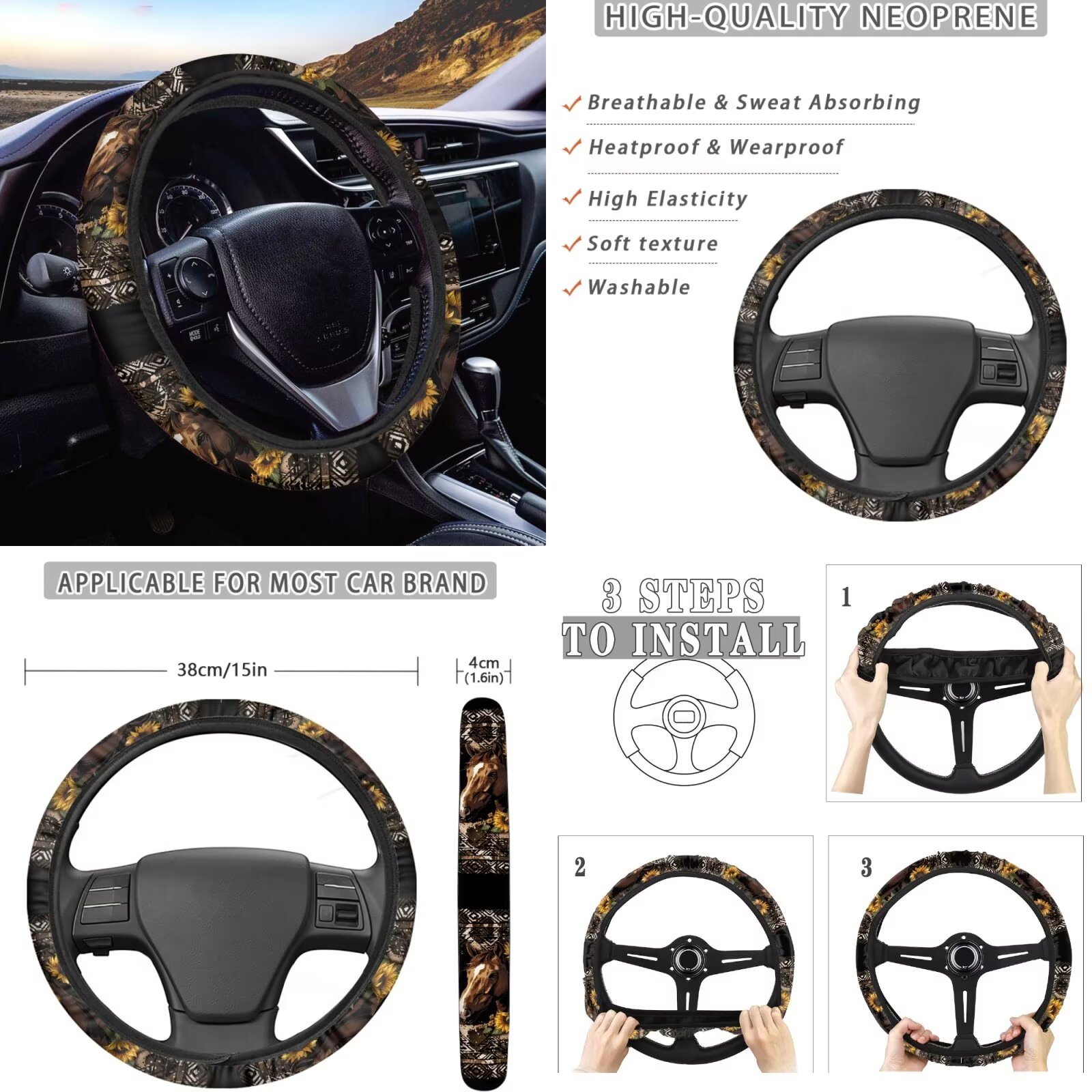 Garronmavis Aztec Horse Car Accessories Set Steering Wheel Wrap Gear Shift Cover Handbrake Sleeve Headrest Protectors Cup Coasters Easy to Install Air Breath in Summer Universal Interior Accessories
