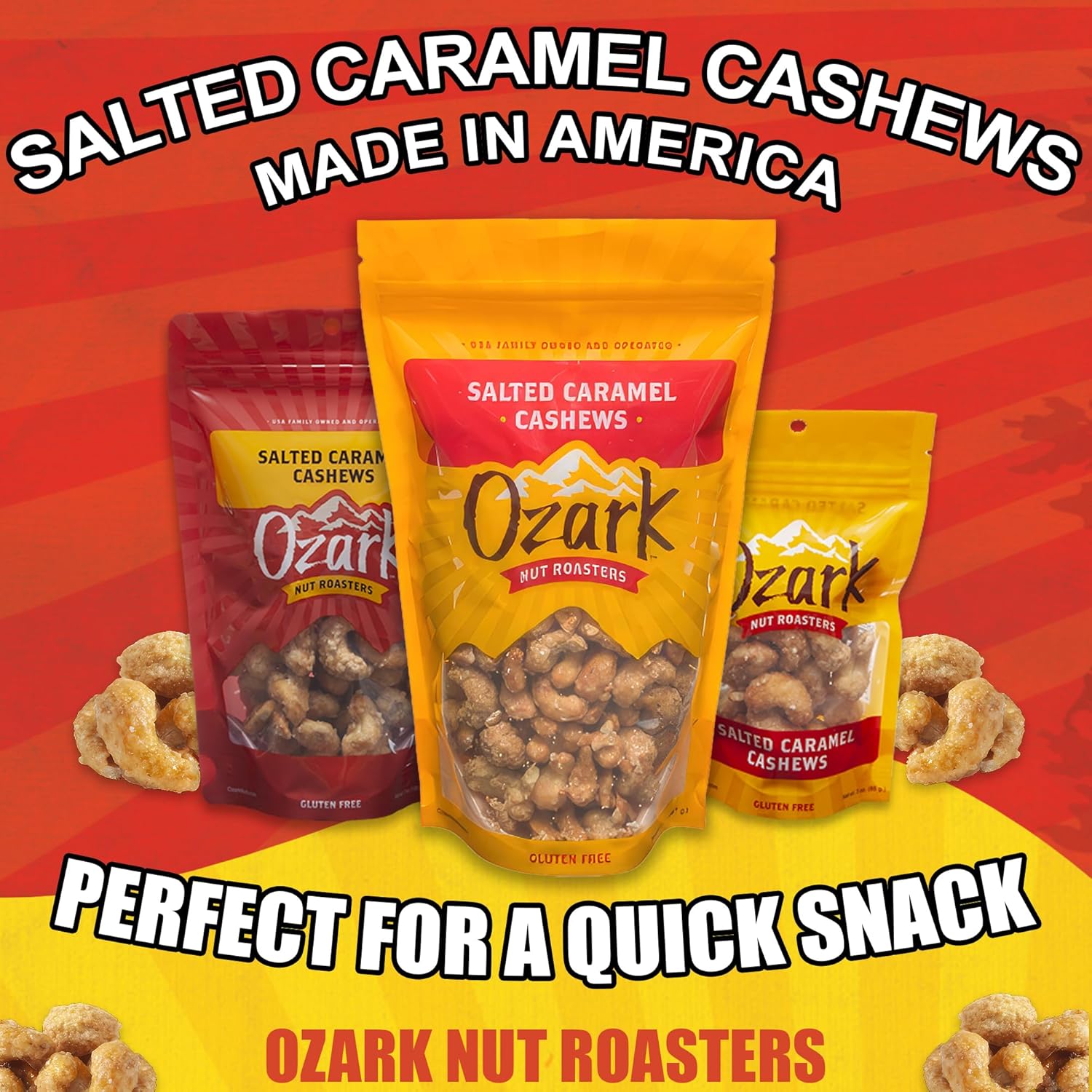OZARK NUT ROASTERS: Salted Caramel Cashews, Flavored Snack Nuts & Gourmet Candied Peanuts, Blend of Sugar, Sea Salt & Caramel, Pack of 1 (14 oz)