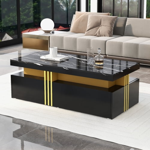 Modern Coffee Table with Marble Pattern Top 2 Drawers Highgloss Centre Table Sofa Side Table Tea Table for Livingroom Office 39.3x19.6x15.7inches black