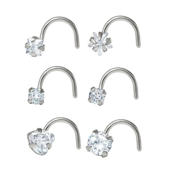 Body Jewelry Women's Adult 22G Stainless-Steel Multi Shape Crystal Nose Ring, 6 Pack
