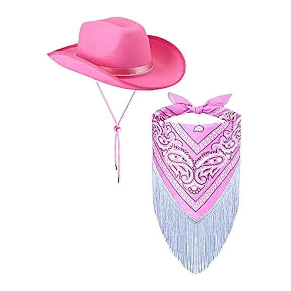 Wxqbjtam Big Brim Cowboy Cowgirl Hat Sun Protection with Scarf Summer Sun Hat for Fishing Pink