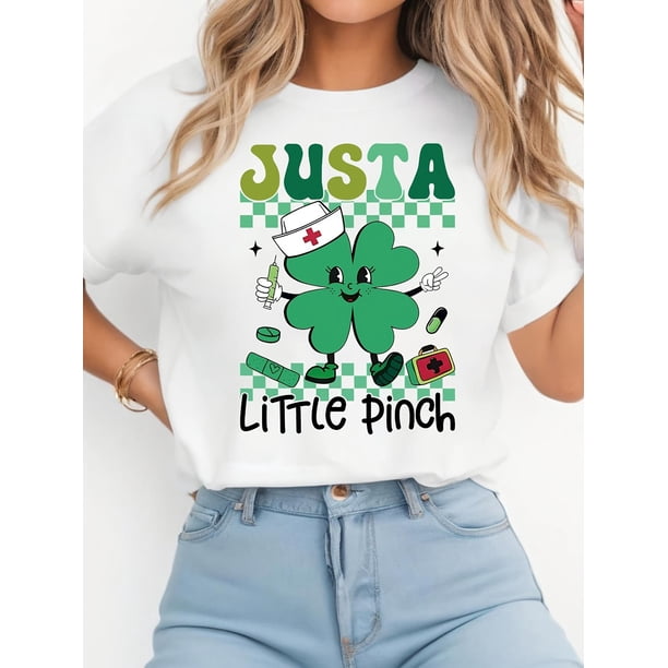 Women's St. Patrick's Day Nurse Lucky Clover T-Shirt, Casual Crew Neck, Short Sleeves, Regular Length