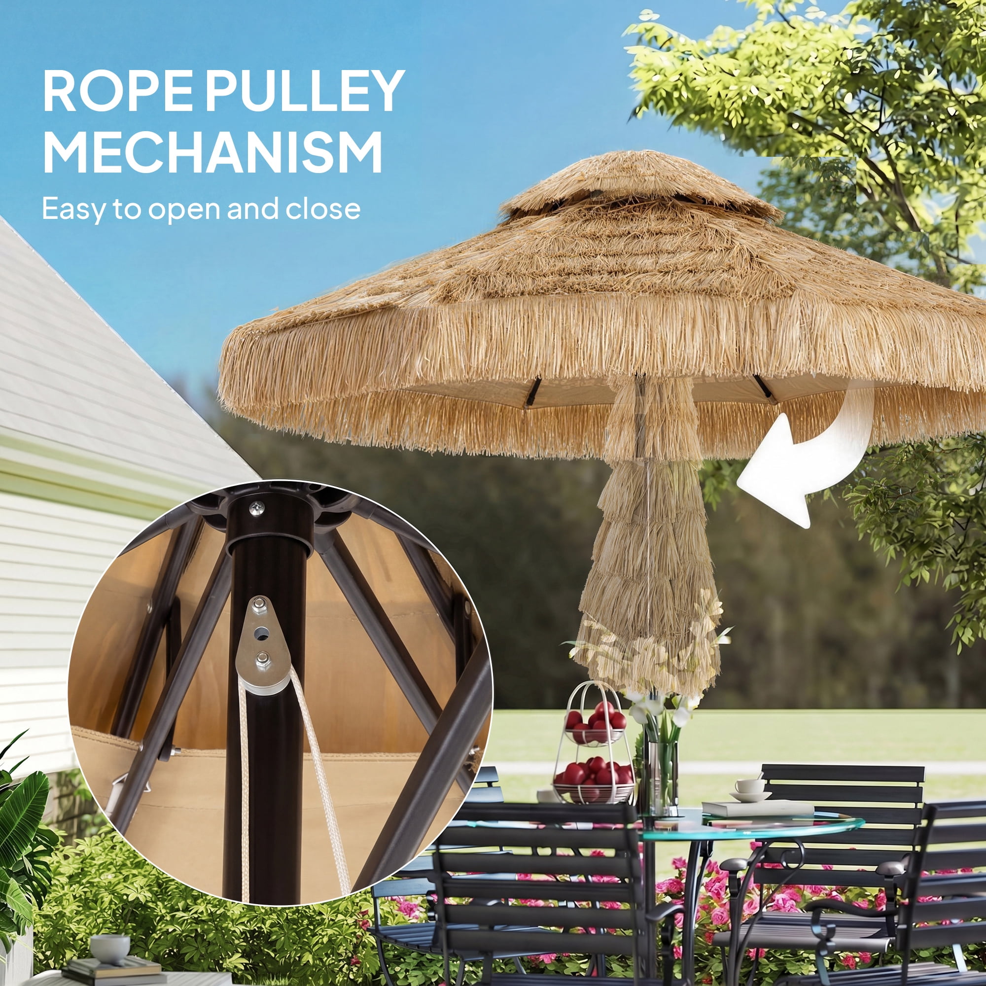 Outsunny 8.5 FT Hula Thatched Tiki Patio Umbrella, 2-Tier Tropical Hawaiian Style Outdoor Umbrella with 8 Ribs, UPF30+, for Garden, Backyard, Khaki