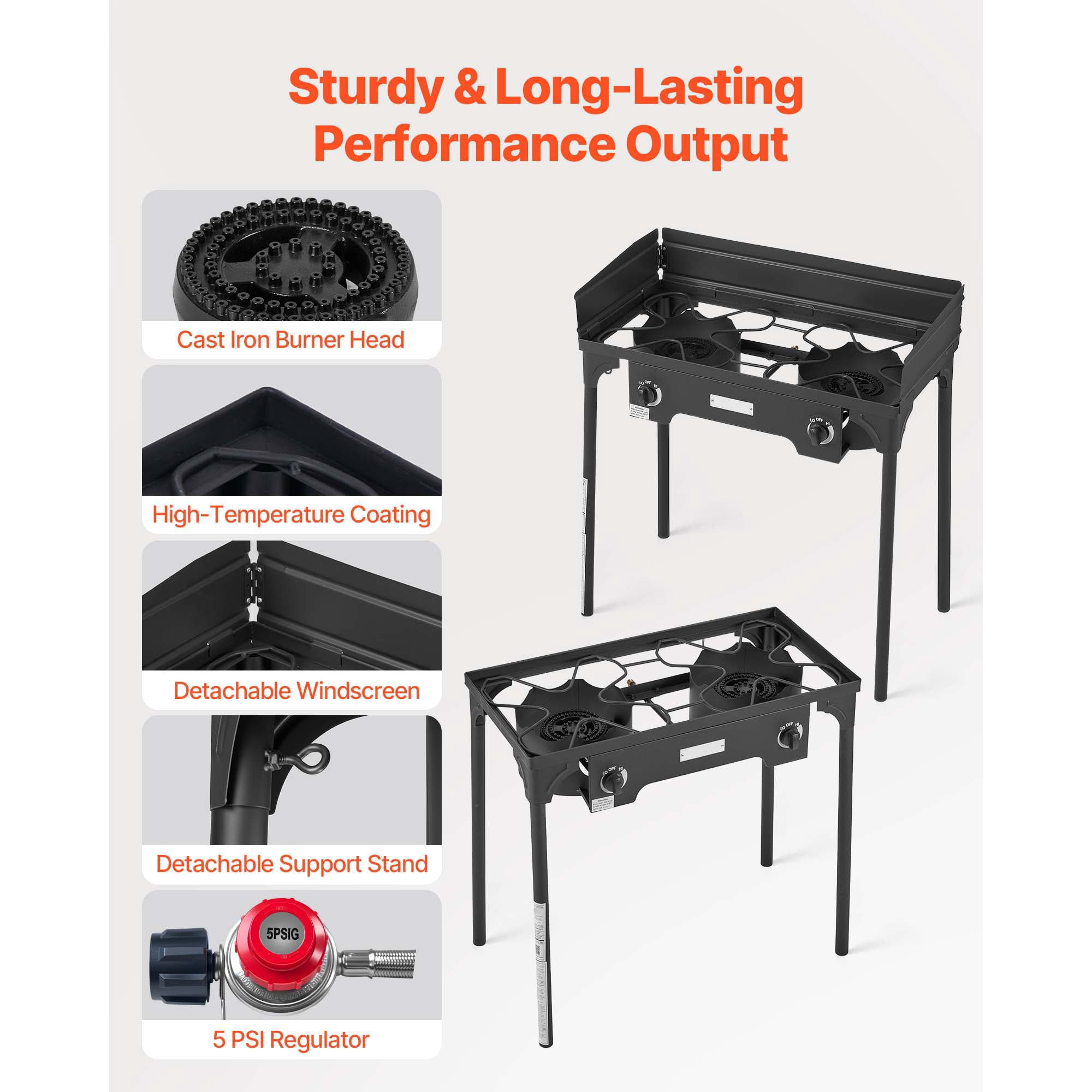 KFFKFF 2 Burner Outdoor Propane Gas Stove, 150,000 BTU LPG Camping Cooker, Durable Carbon Steel with Wind Shield, Tall Stand & Regulator, Ideal for BBQ, Camping, Patio, and Backyard Use