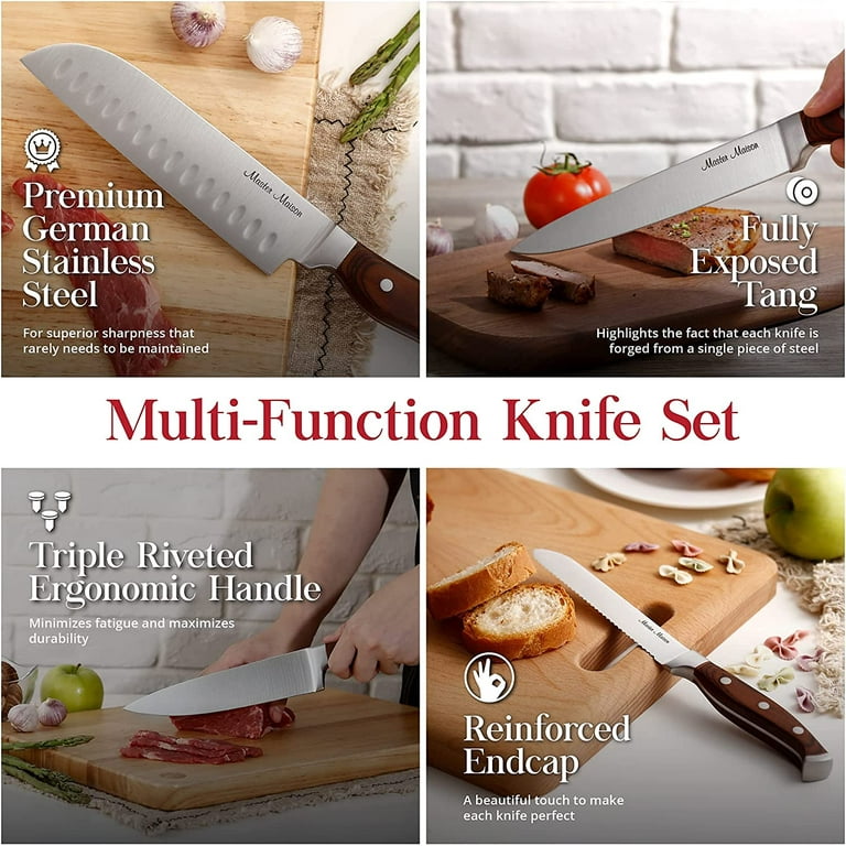 Master Maison Walnut Kitchen Knife Set With Knife Block & Bonus Cleaver |  German Stainless Steel Knives With Knife Sharpener & 8 Steak Knives 