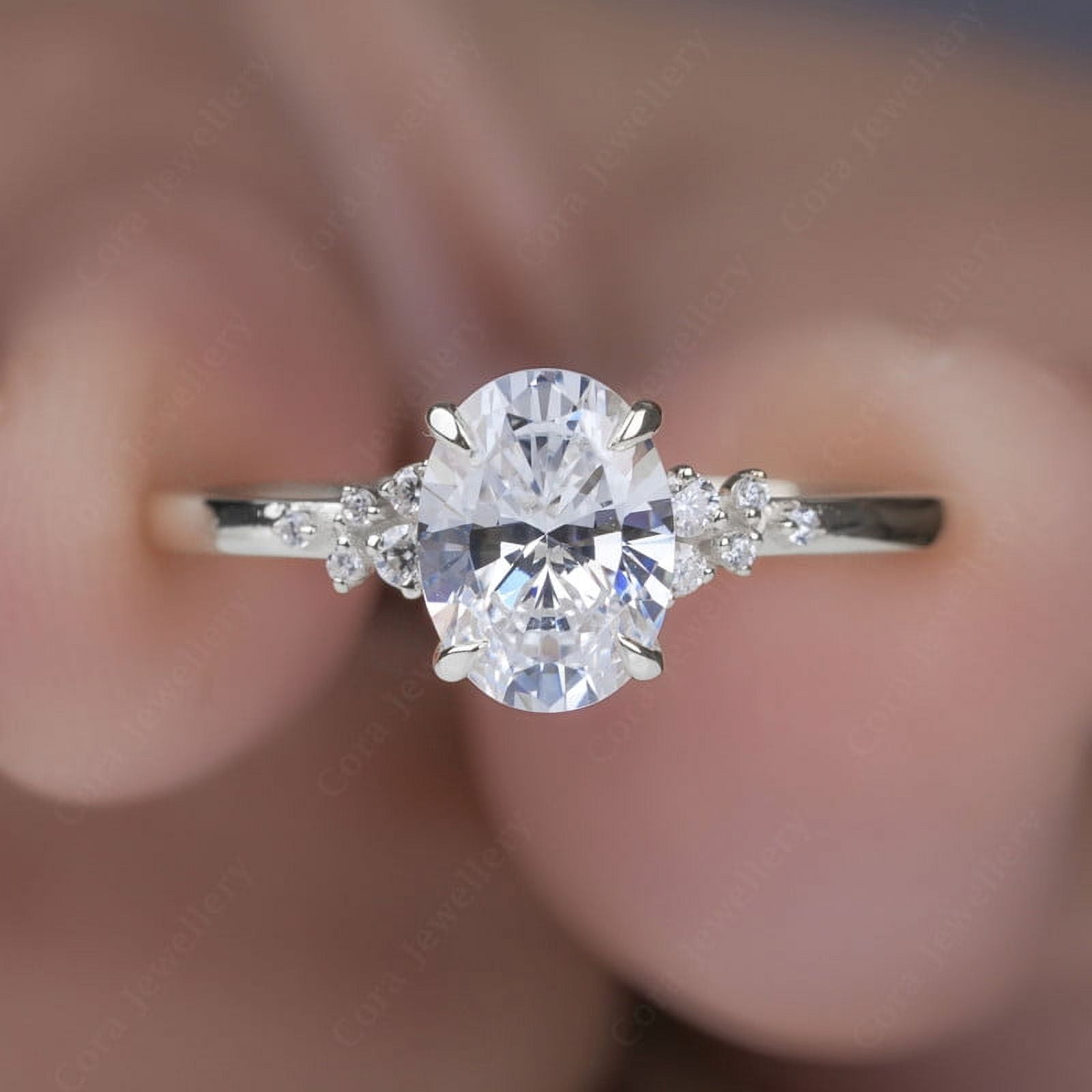 Cora Jewellery 1.35TCW Sonw Drift Oval Moissanite Engagement Ring for Women, 10K White Gold, 6.5 US