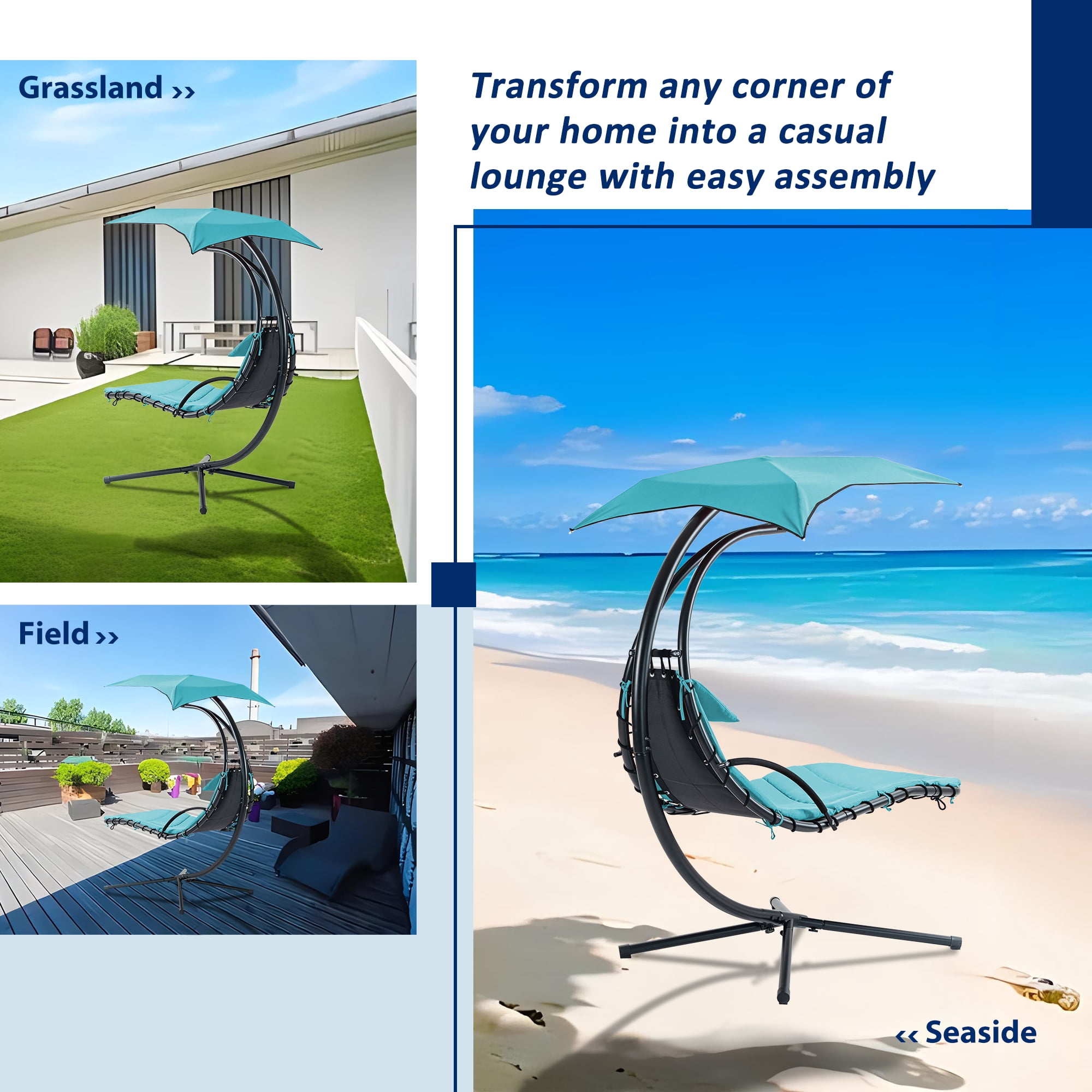 Aukfa Hammock Chair Zero Gravity Lounger Chair with Canopy & Pillow for Outdoor,Blue