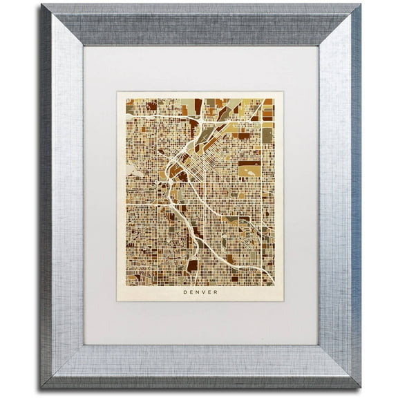 Trademark Fine Art "Denver CO Street Map Brown" Canvas Art by Michael Tompsett, White Matte, Silver Frame