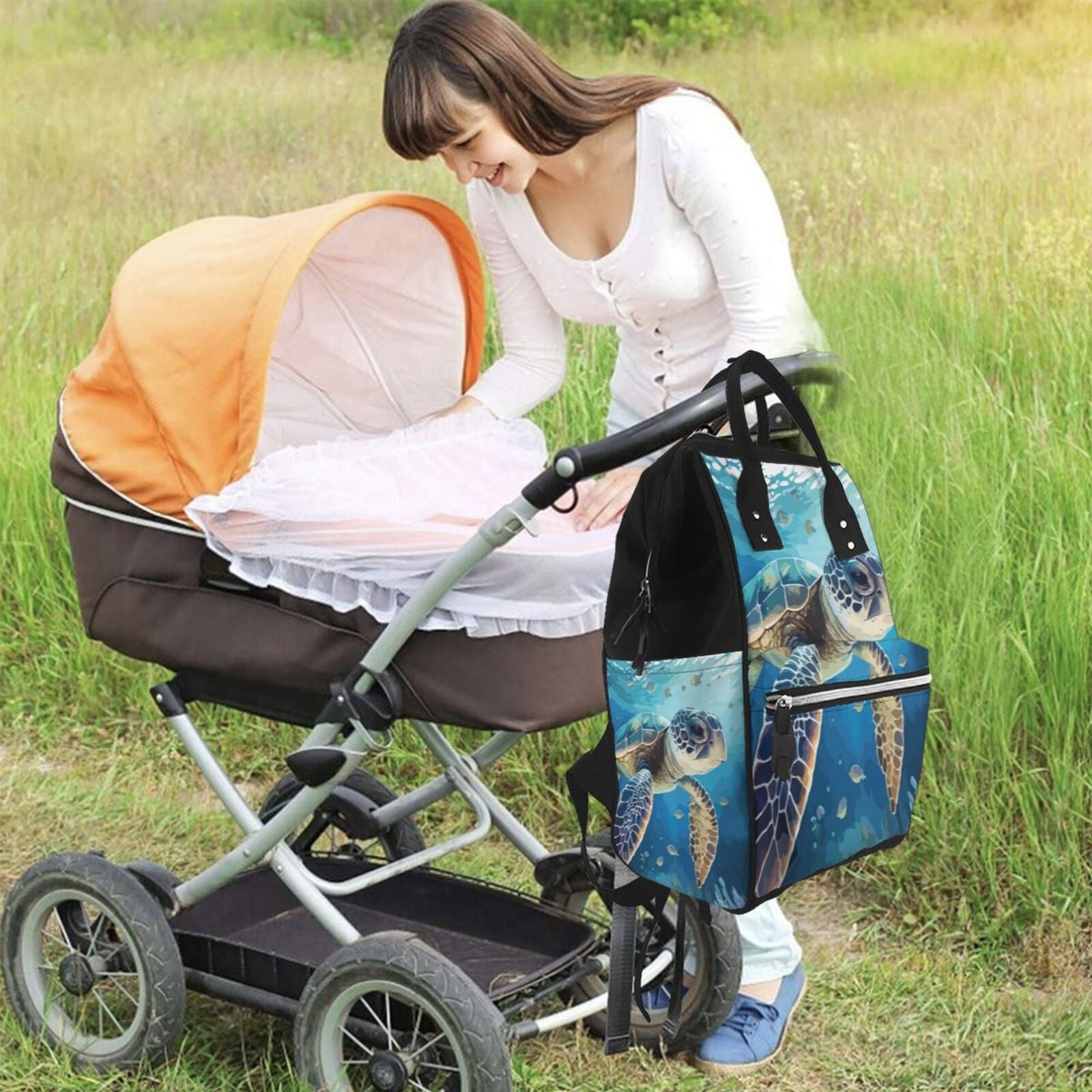 Ratiio Watercolor Turtle Mummy Backpack - Waterproof Twill Canvas, Large Capacity Diaper Bag with Multiple Pockets and Adjustable Straps