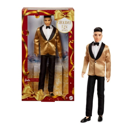 Barbie Signature 2025 Holiday Black Hair Ken Collectible Fashion Doll wearing Full Suit with Golden Jacket
