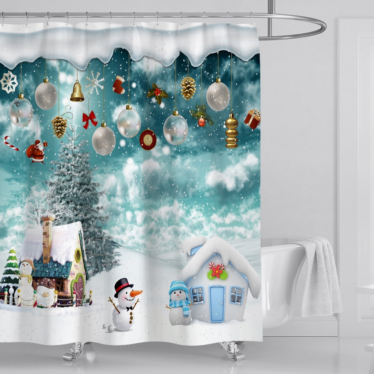 4/3 Pc Merry Christmas Shower Curtain Santa Claus Reindeer Snowman Bath Mat Rug 