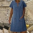 thumbnail image 2 of Gpaecead 2024 Summer Womens Denim Dress V-Neck Midi Dress Casual Roll Up Short Sleeve Loose Dress Blue, 2 of 8