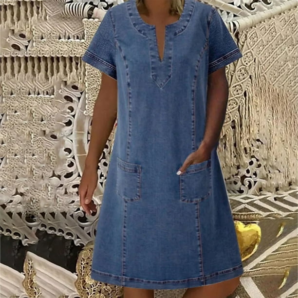 ICHUANYI Clearance Women's Summer Loose Short Sleeve V-Neck Mid Calf Denim Dress(Blue, XL) ICHUANYI WER2023081011087