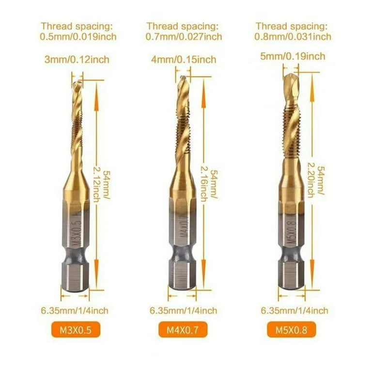 3 in 1 Spiral Tap Hex Shank Drill Bit Set, Metric SAE Combination Threading Tools Kit, Hss Screw Tap Die Adapter for Metal, Quick Change Impact Driver Socket, Professional Repair（gold,short）