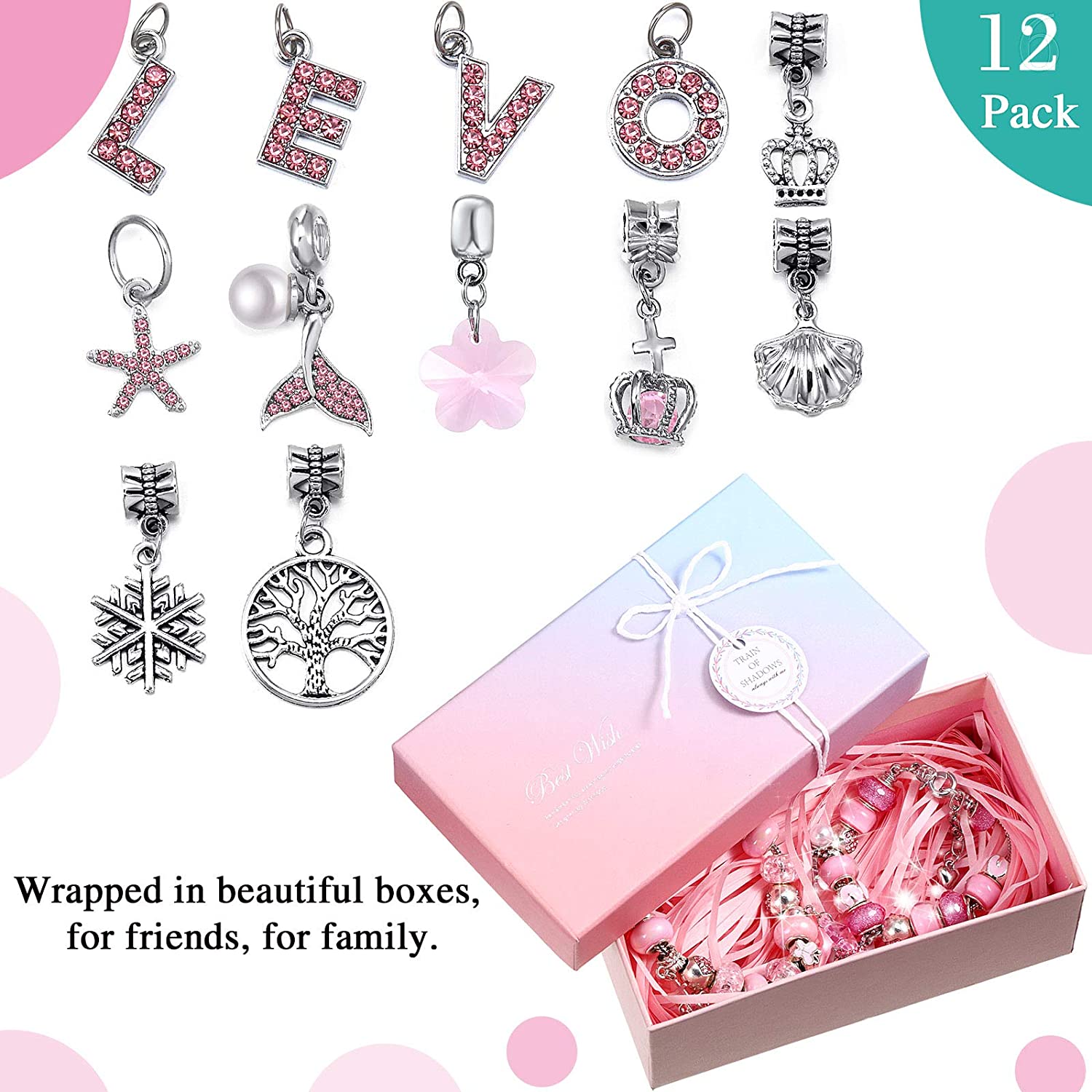 65 Pieces Charm Bracelet Kit, Assorted Pink Large Hole Glass Beads, Jewelry Pendant, Snake Bracelet Chain - image 3 of 7