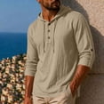 thumbnail image 2 of Hoodie Long Sleeve Shirts for Men Cotton Linen Solid Color Buttons Drawstring Casual Top Summer Vintage Fashion Comfort Loose Pullover Shirt, 2 of 5