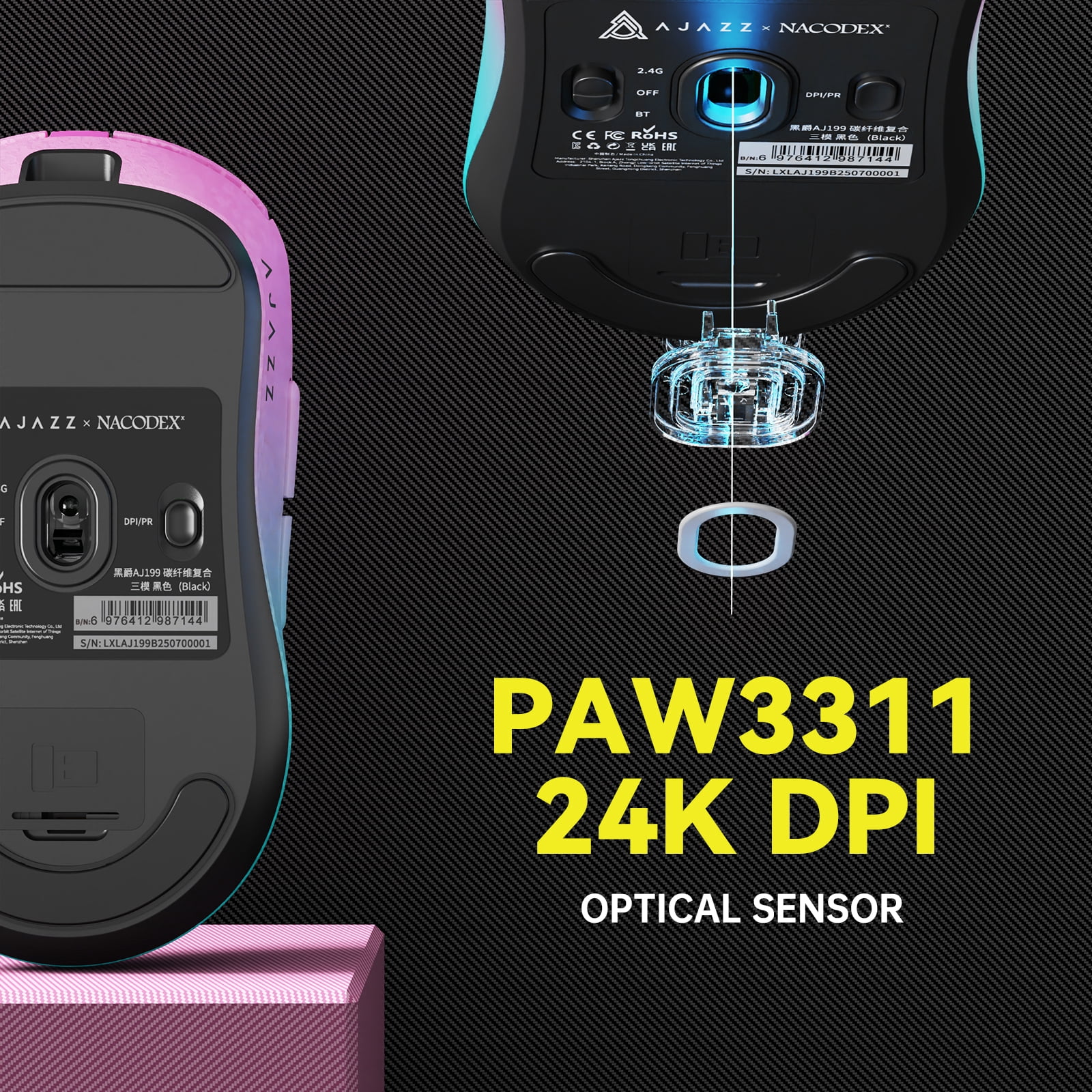 AJAZZ AJ199 Wireless Gaming Mouse, 58g Ultra-Lightweight Carbon Fiber Mouse, 24000 DPI PAW3311 Sensor, Tri-Mode 2.4G/Bluetooth/USB-C, 500mAh Rechargeable Gaming Mouse for PC, Mac, Laptop