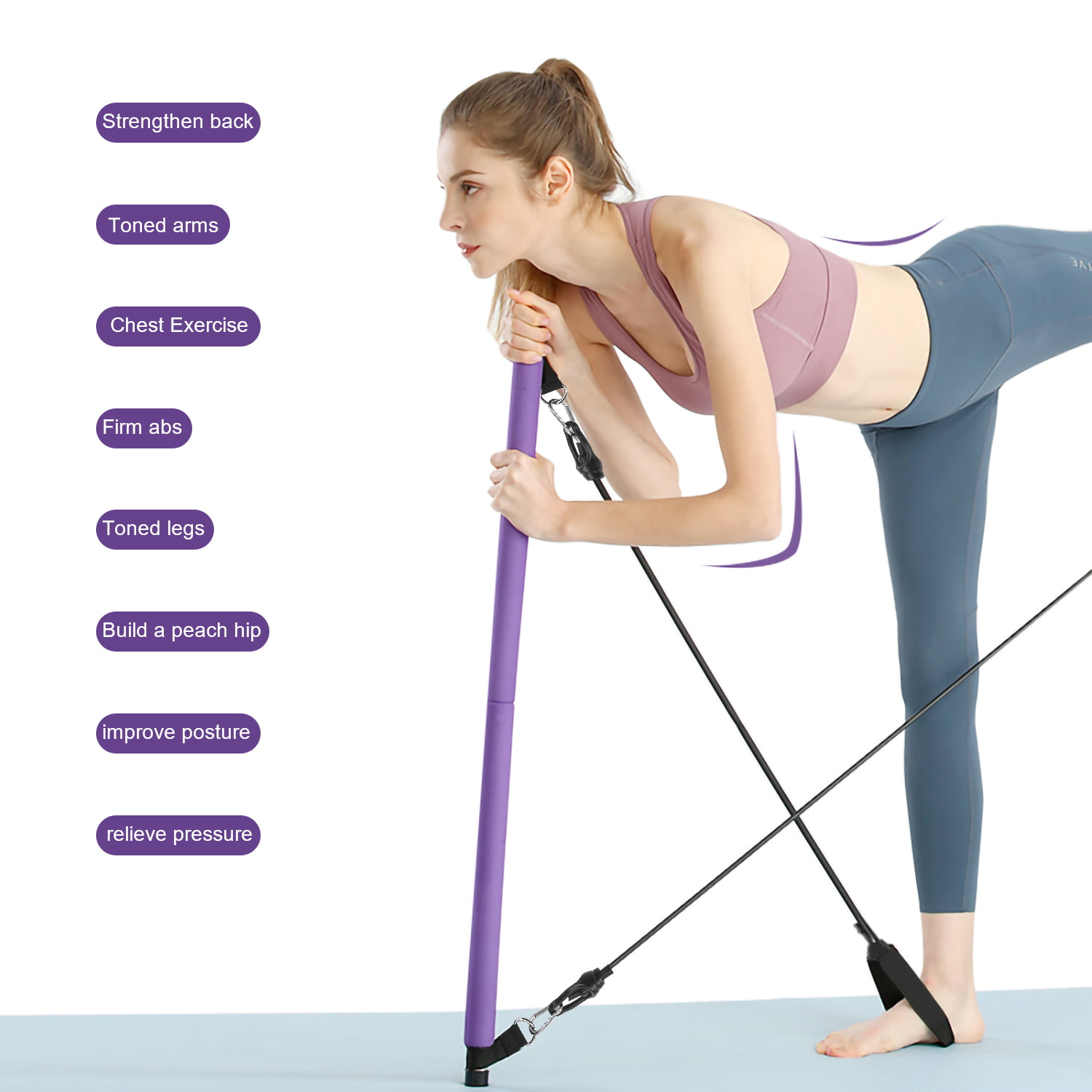 Athradies Portable Pilates Bar Kit with Resistance Bands Strength Fitness Bands Set for Toning MuscleLeg,Butt and Full Body Exercise Kit for Men and Women Purple 