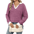 thumbnail image 2 of Suéteres de Cuello en V para Mujer, Jersey con Bloques de Color, Mangas Largas, Corte Holgado, Estilo Informal, Tipo Túnica, Camisetas. Rojo Púrpura L, 2 of 10