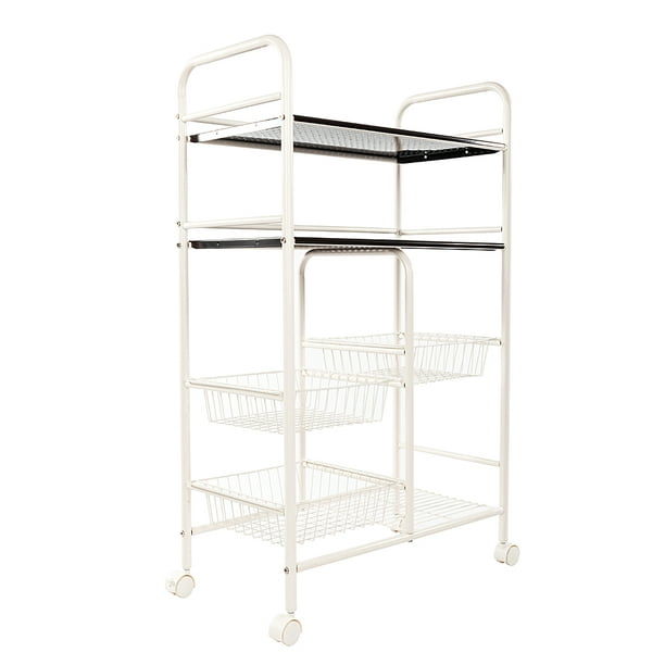 Storage Shelf With 3 Mesh Wire Basket, White Metal Basket Shelving Unit