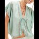 thumbnail image 2 of Camisas de Verano para Mujer, con Cuello en V, Lazo y Abertura Frontal, Blusas Extragrandes con Botones, Blusas Casuales de Corta con Ribete de Encaje. Verde S, 2 of 8