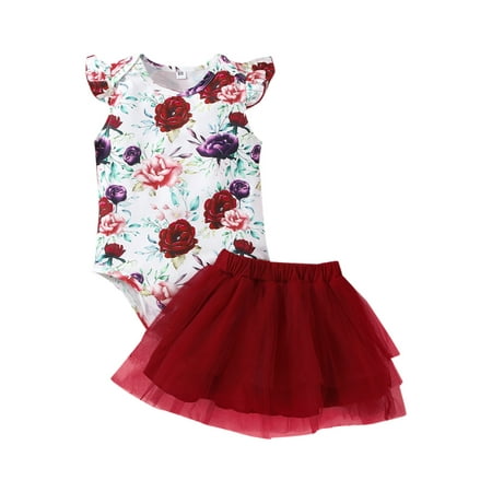 

IZhansean Newborn Baby Girls 2Pcs Summer Clothes Floral Sleeveless Romper Bodysuit Tutu Lace Skirt Outfits Wine Red 0-3 Months