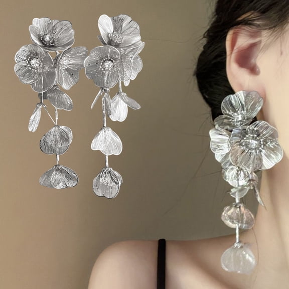 SmartBy 1 Pair Women Drop Earrings Retro Style Flower Shape Sparkling Cubic Zirconia Inlaid Tassel Earrings Jewelry Gift