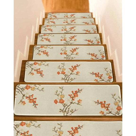 Vintage Botanical Stair Treads for Wooden Steps Indoor Runner Rug Carpet, Red Spring Floral Botanical Farmhouse 7 Pieces Peel and Stick Staircase Step Treads Covers Washable Throw Door Mats, 30"x8"