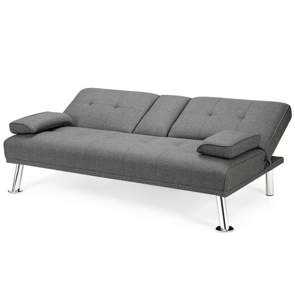 Gymax Folding Futon Sofa Bed Fabric w/2 Cup Holders Light Gray