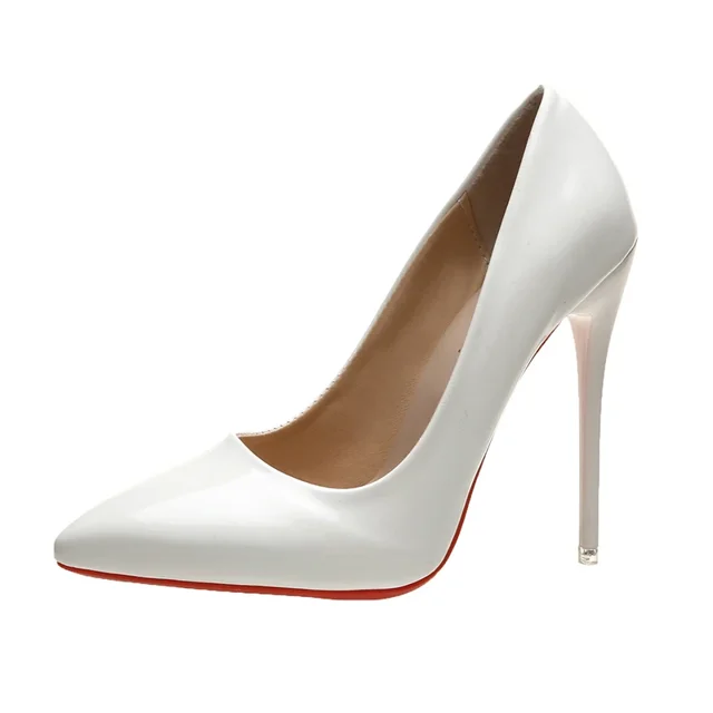 Zapatos de tacón alto rojo para mujer, calzado Sexy con punta estrecha de 12cm, para vestido de novia, Color negro Nude, Fondo de goma roja
