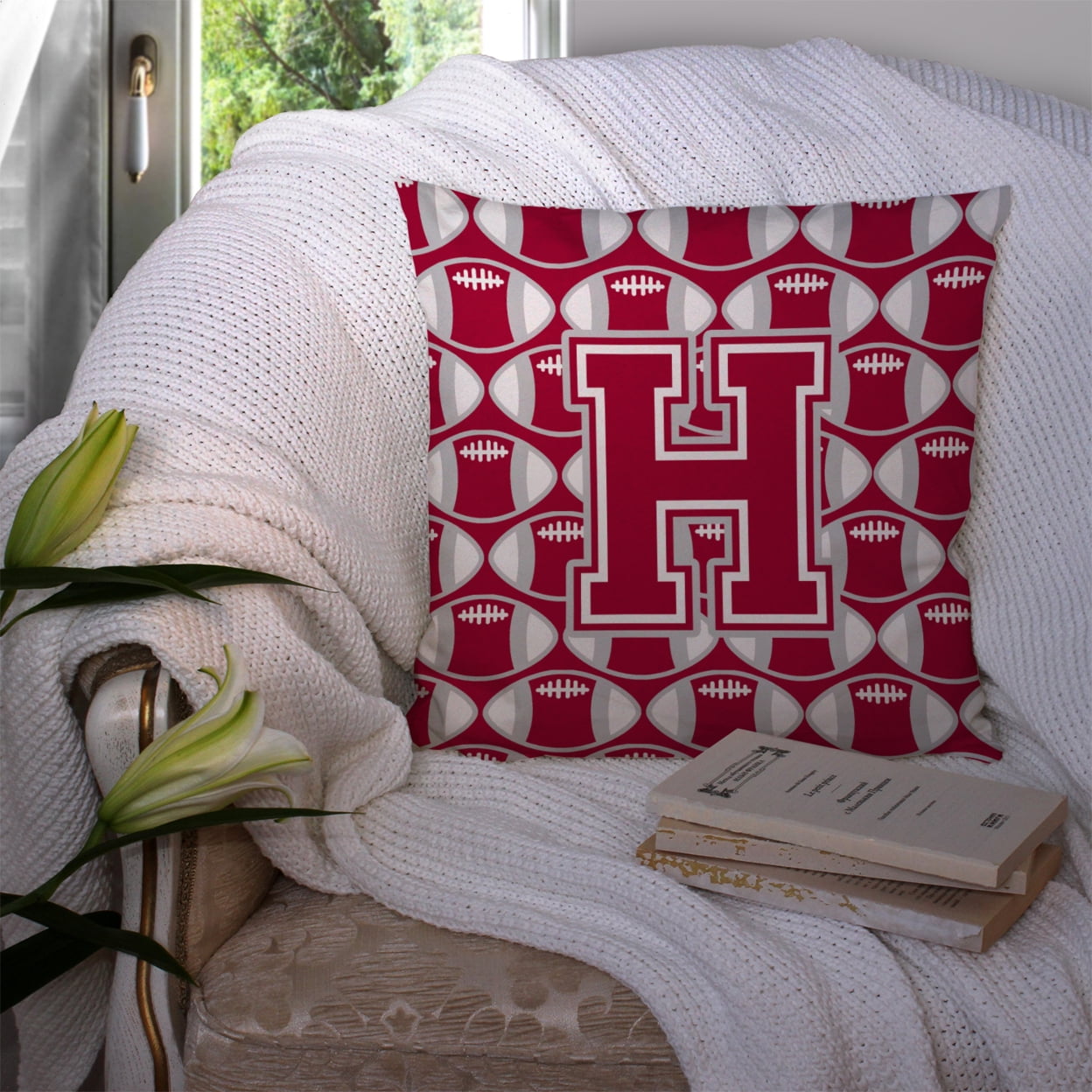 Letter H Football Crimson, grey and white Fabric Decorative Pillow